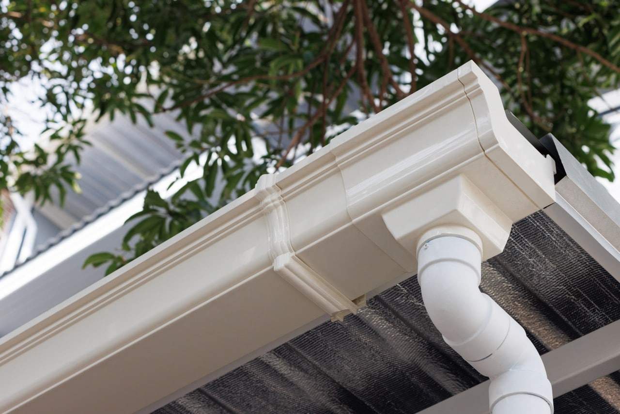 White gutter and downspout on a roofline